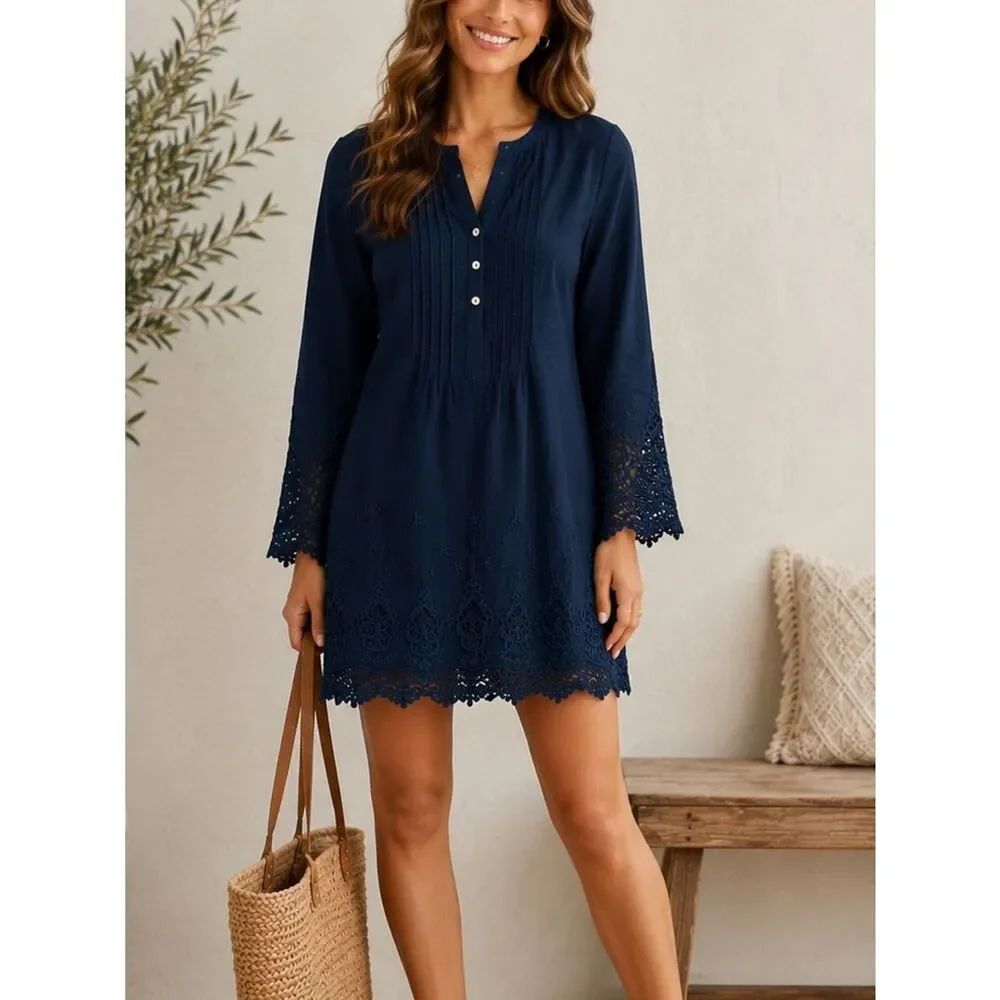 Malvin Linen Navy Blue Long Sleeve Lace Trim Mini Dress Size S